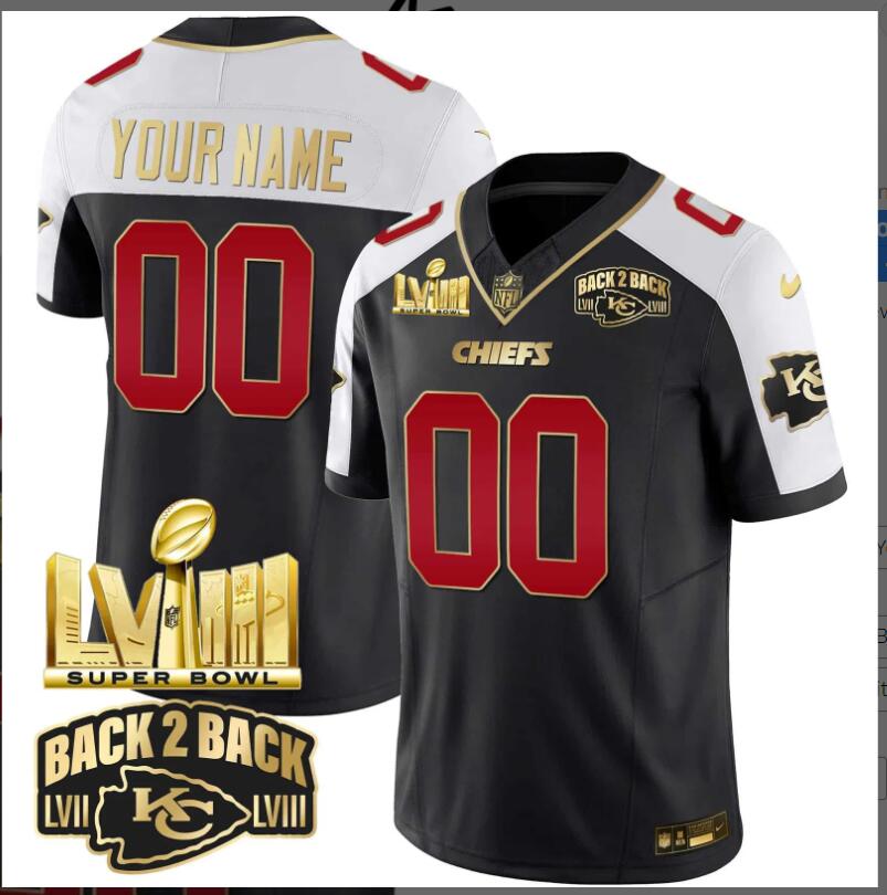 Men 2024 Nike NFL Kansas City Chiefs Super Bowl LVIII & Back 2 Back Gold Patch Vapor Custom Jersey